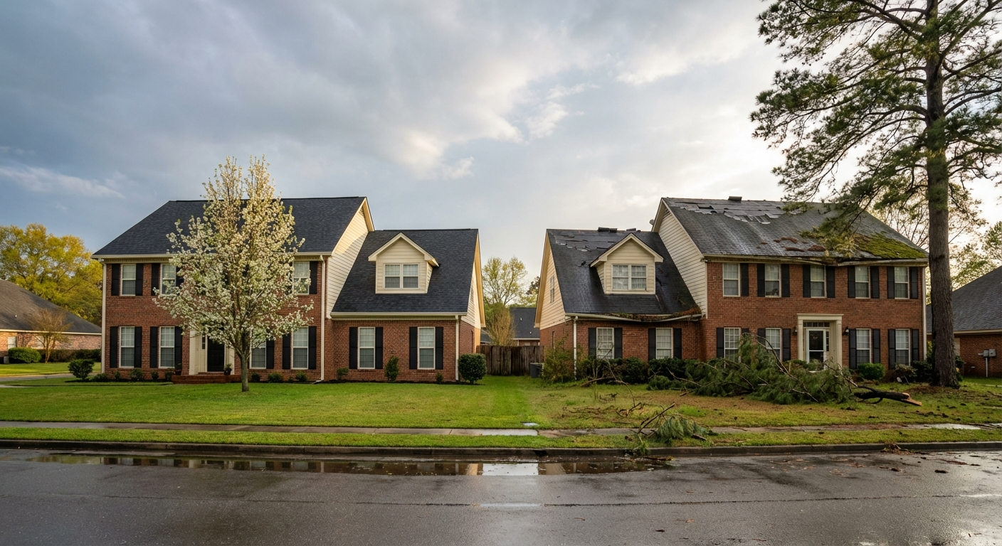 General roofing tips for Mississippi: comparison of well-maintained versus neglected Hattiesburg roof after storm season showing clean gutters and intact shingles