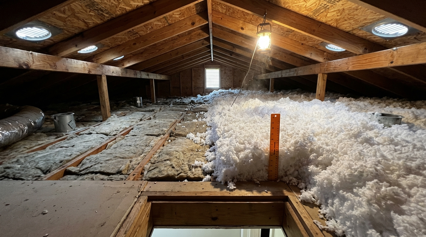 Poorly insulated Hattiesburg MS attic with thin compressed insulation compared to properly insulated attic with full blown-in coverage to recommended R-value