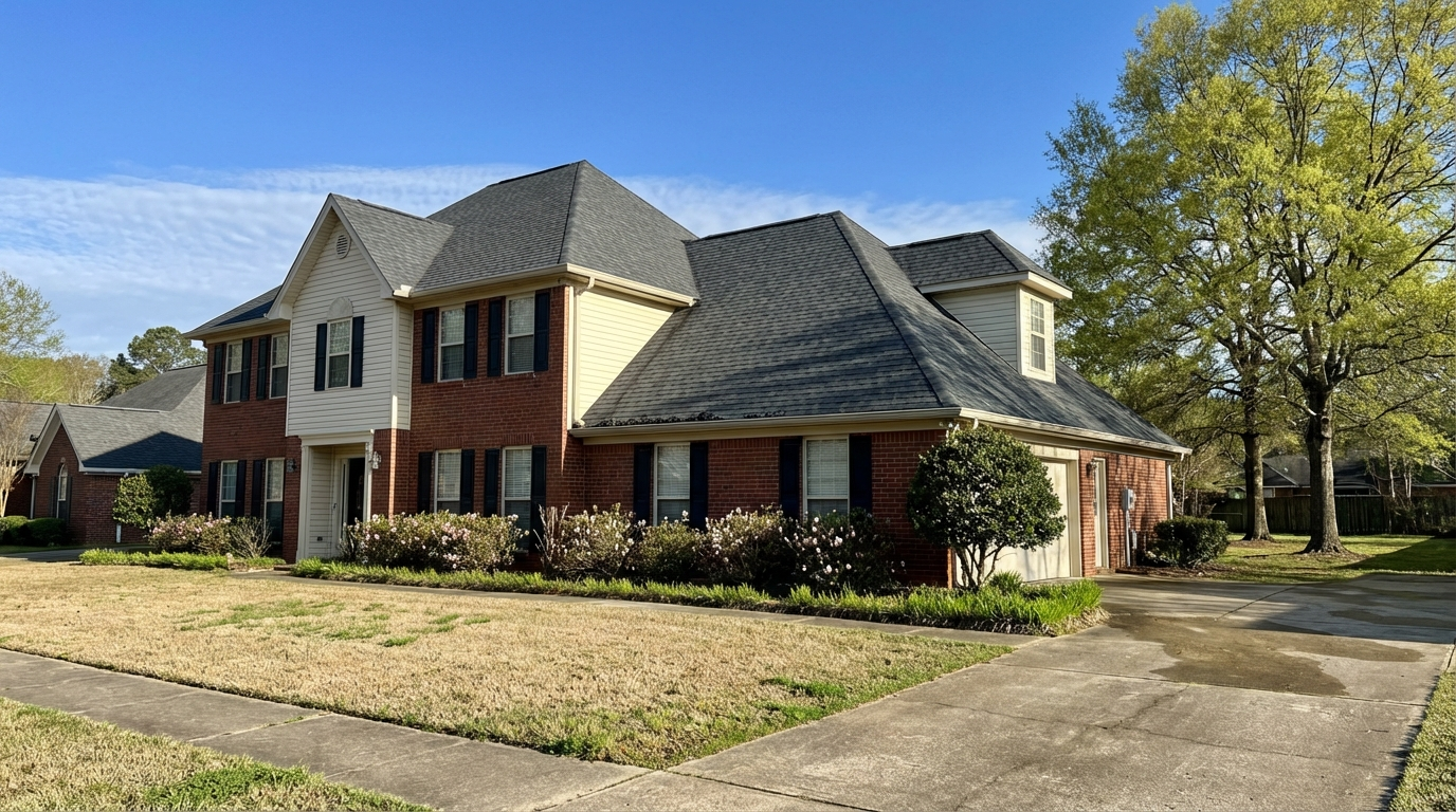 Spring roof inspection checklist Hattiesburg MS — South Mississippi residential roof with architectural shingles on a clear spring day