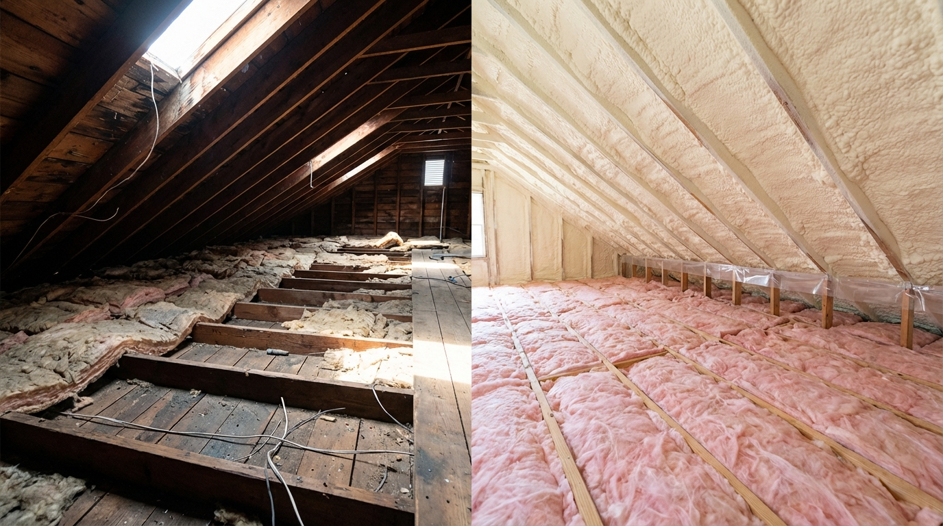 Thermal imaging showing heat loss through poor attic insulation versus properly insulated attic in Hattiesburg Mississippi home