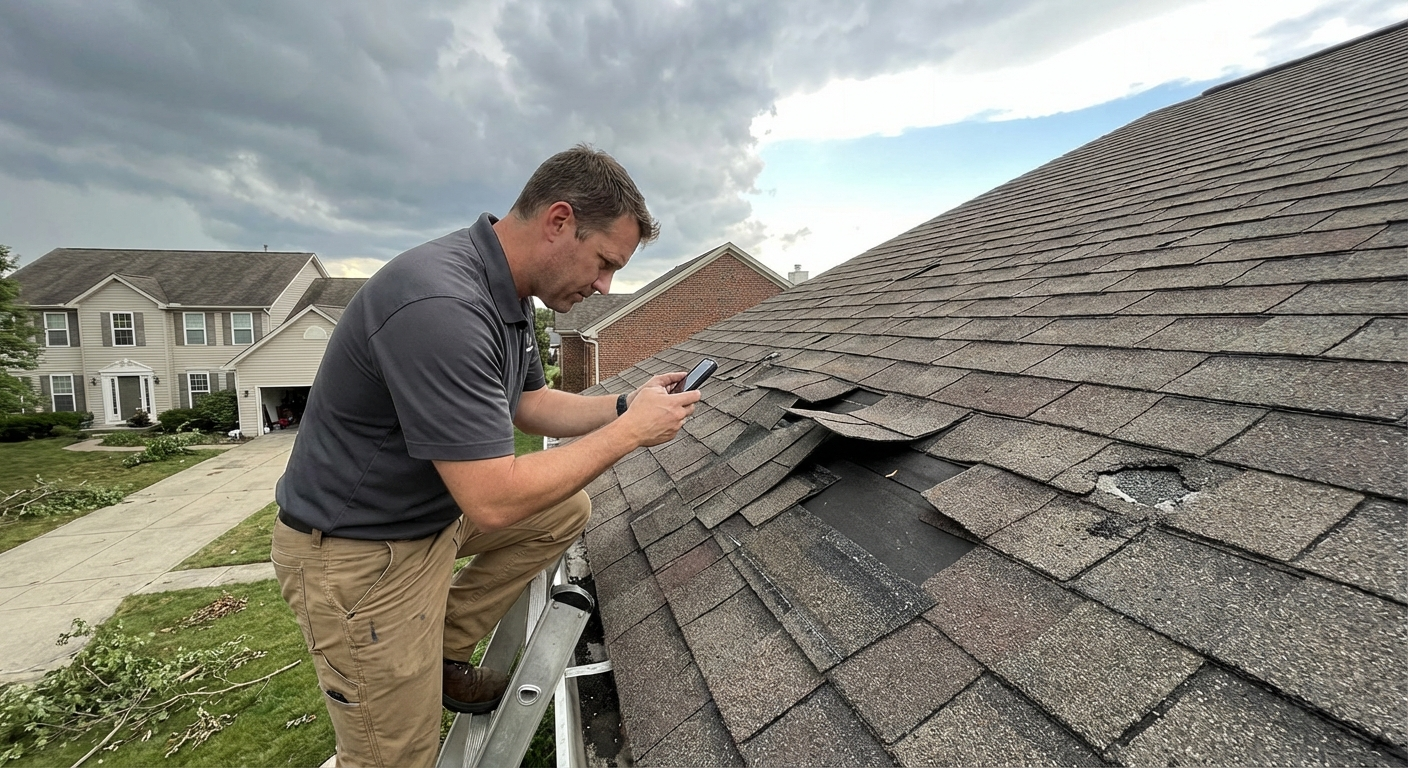 Storm-damaged roof in Hattiesburg Mississippi showing why wind-rated architectural shingles matter in Forrest County