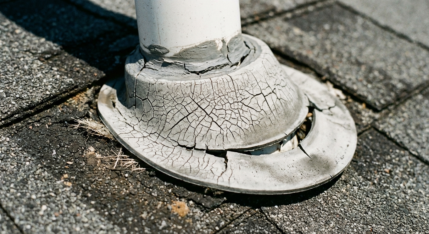 Spring roof inspection checklist Hattiesburg — deteriorated rubber pipe boot showing UV cracking, a common South Mississippi finding