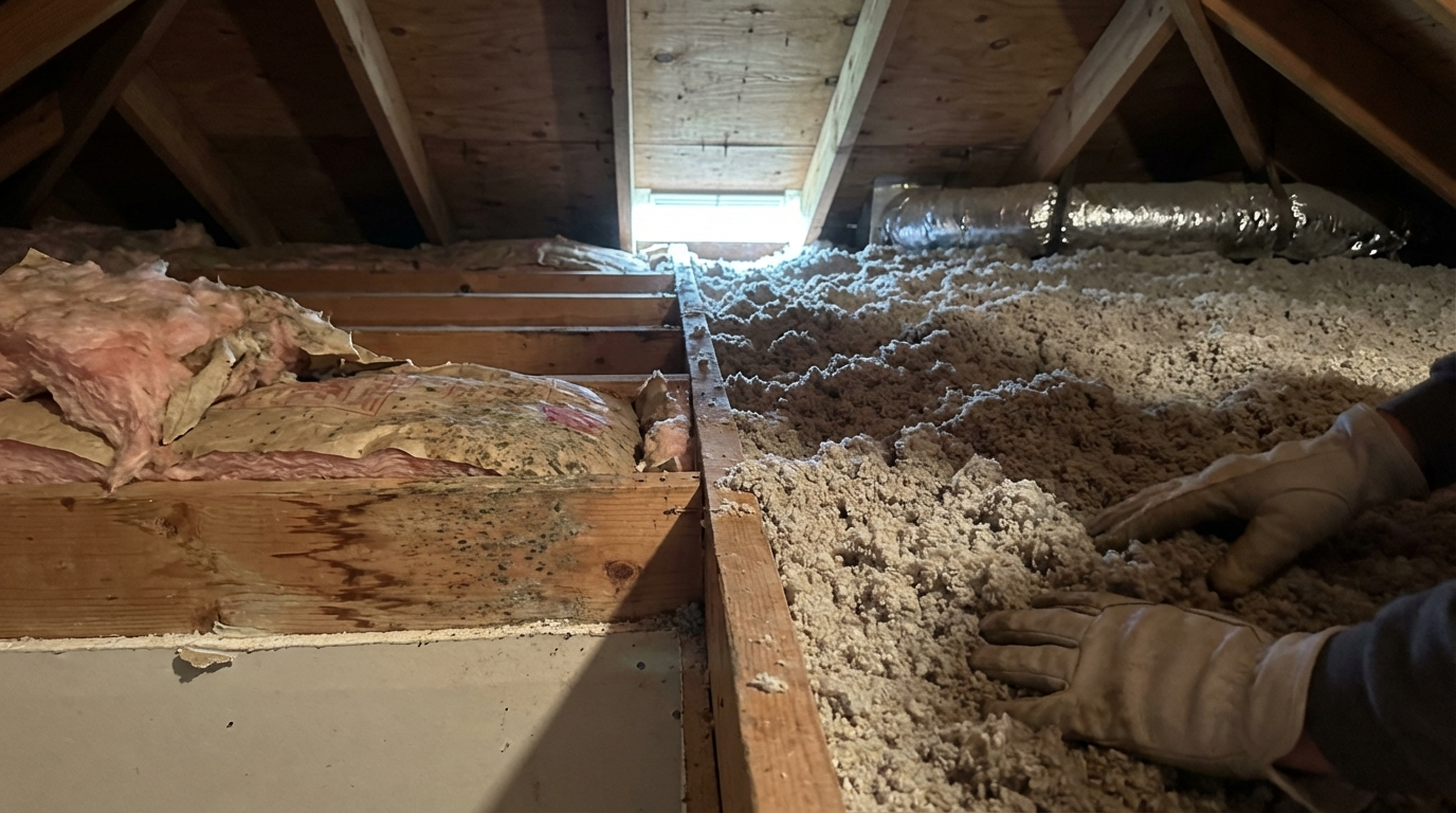 Compressed and water-damaged attic insulation compared to healthy insulation in Hattiesburg Mississippi requiring upgrade